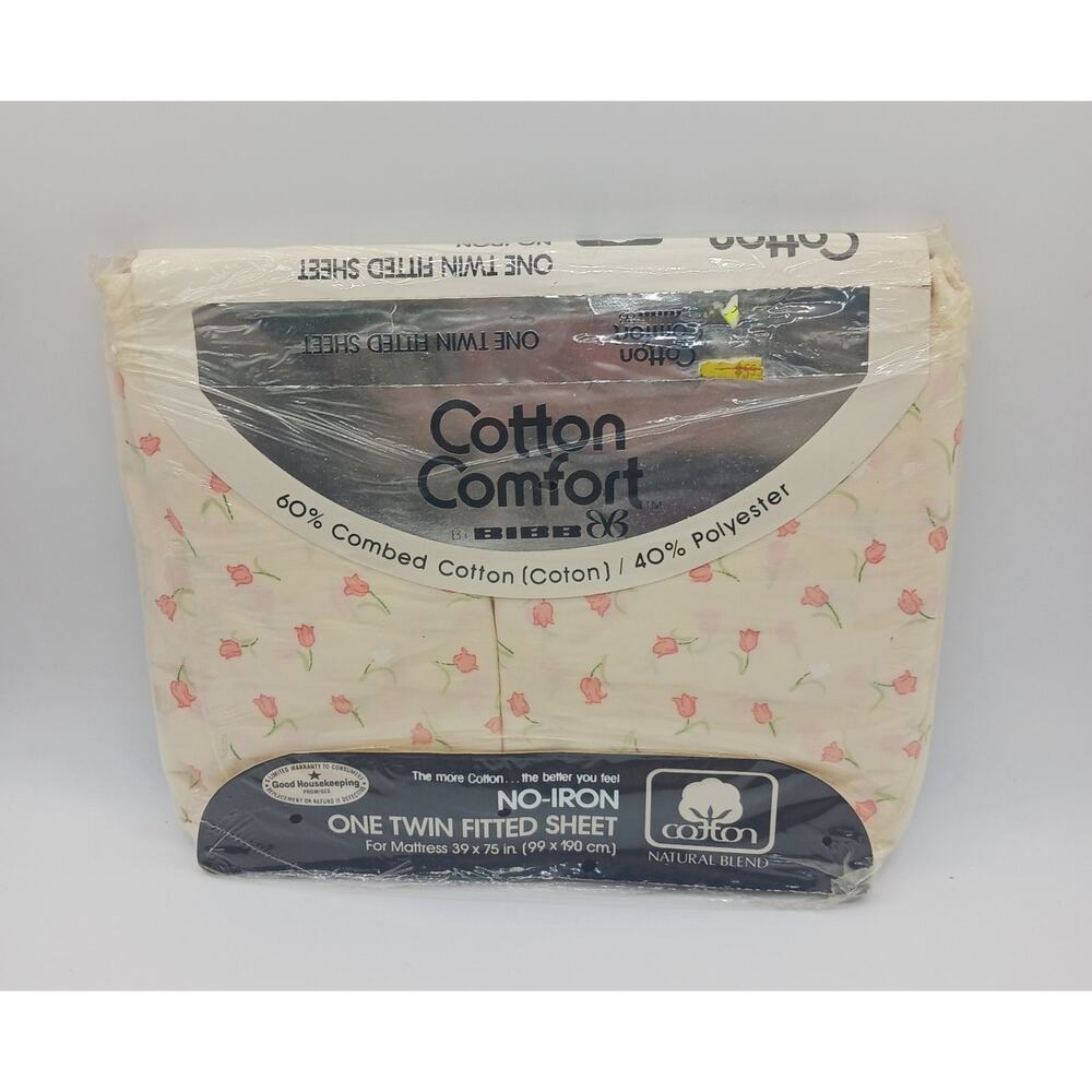 VTG Cotton Comfort by Bibb Twin Fitted Sheet No Iron Floral Tulips Cream Durham